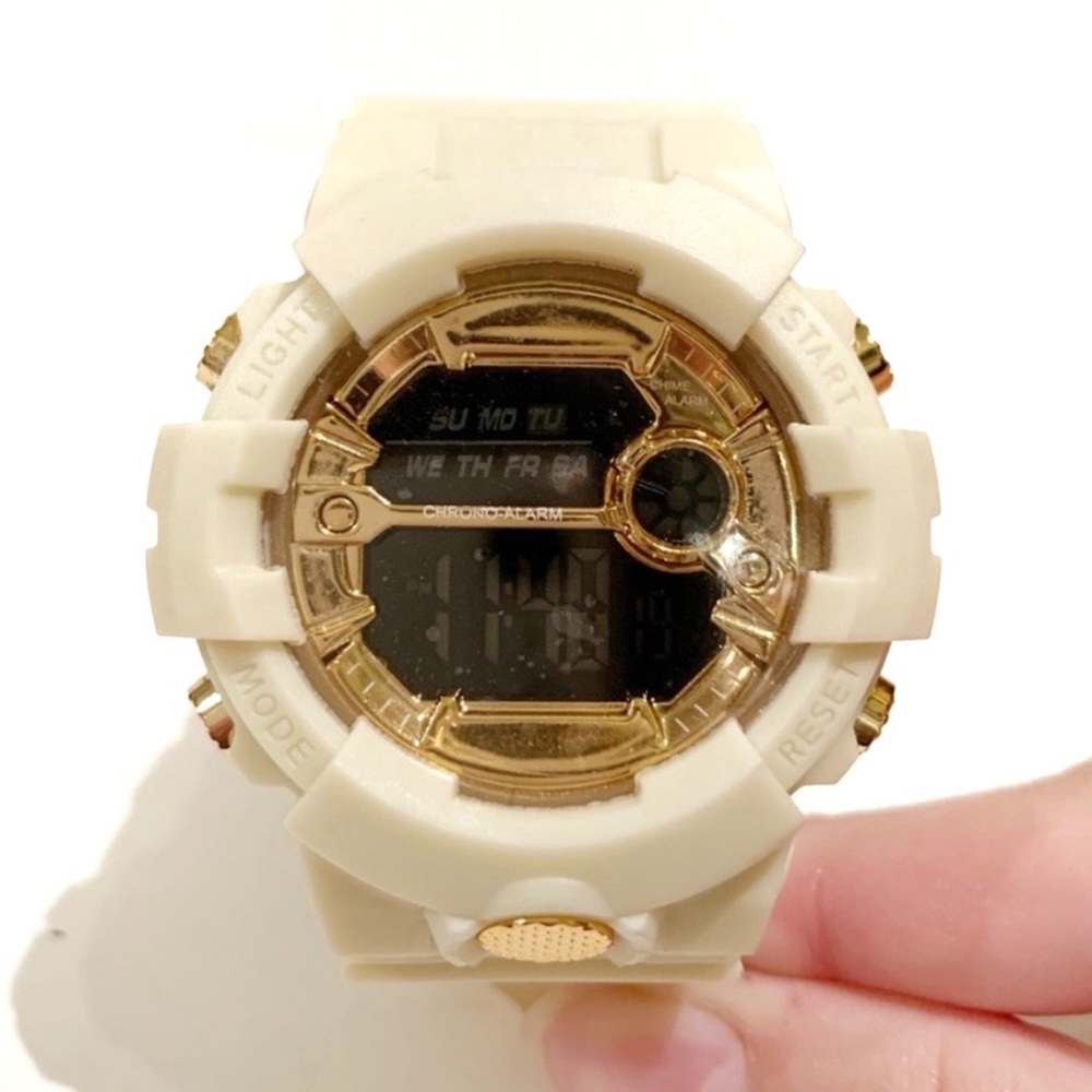 Sport Mode Digital Watch Water Resistant Creme Gold Face Stainless Steel Rubber